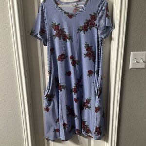 LuLaRoe Blue and Red Floral Striped Midi Dress